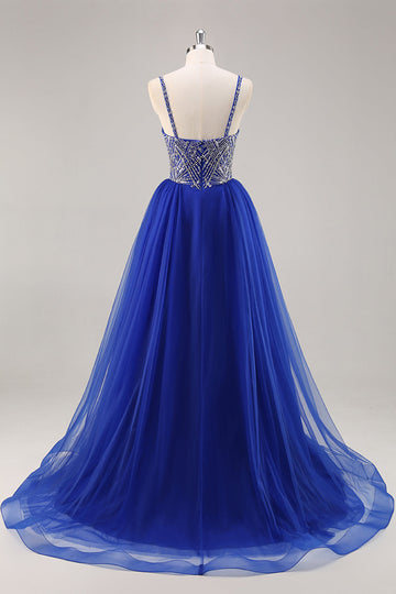 Sparkly Royal Blue Tulle Beaded Long Formal Dress with Sequins